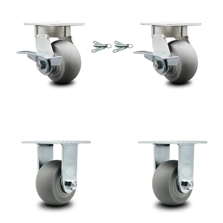 Service Caster 4 Inch Kingpinless Thermoplastic Wheel Caster Brake & Swivel Lock 2 Rigid, 2PK SCC-KP30S420-TPRRD-SLB-BSL-2-R-2